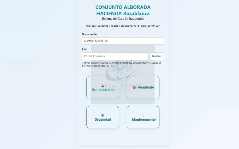 Panel de ingreso de GEINCOCER_PH: acceso seguro por roles para administrador, residente, seguridad y mantenimiento